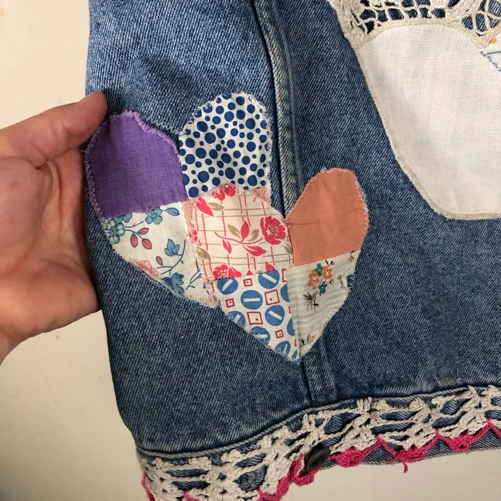 Embellished Blue Jean Jacket Crochet Patchwork - Picture 13 of 14